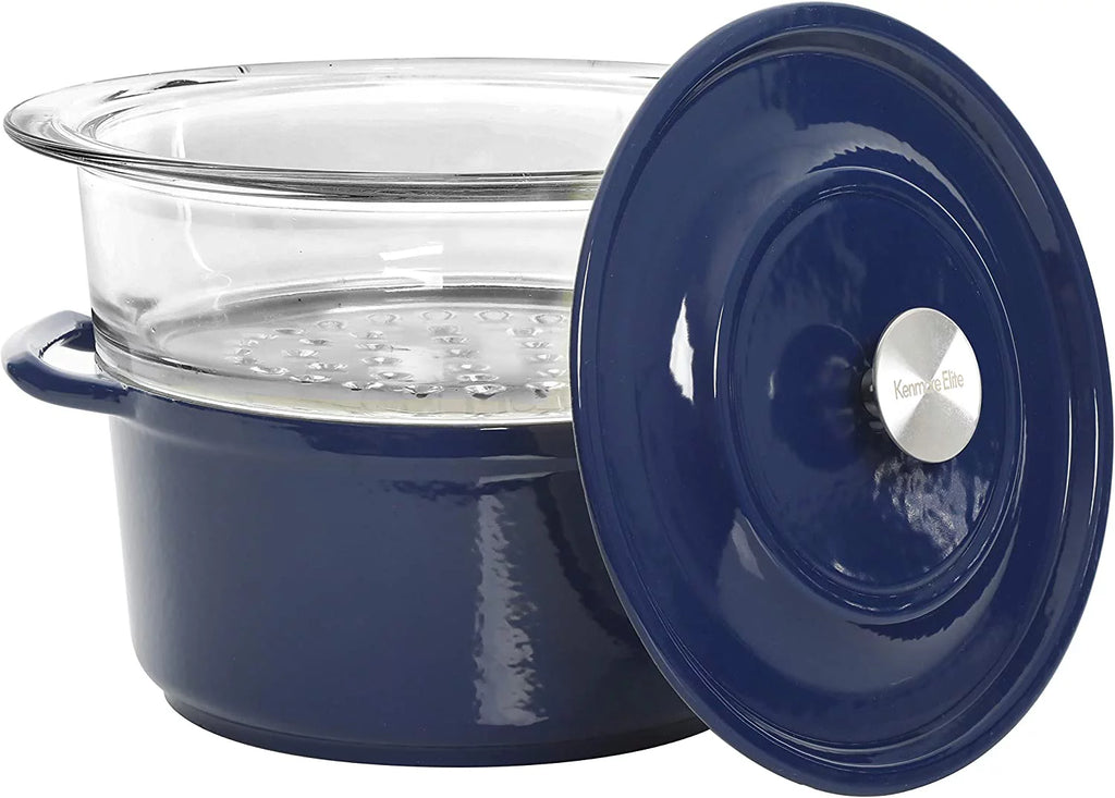 5 Quart Enameled Cast Iron Casserole with Lid and Glass Steamer in Blue L2316