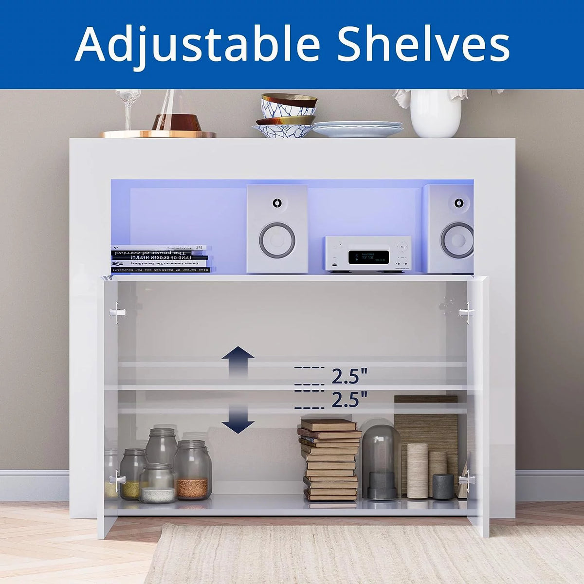 White High Glossy 2 Door Buffet Cabinet with Adjustable Shelf R6038
