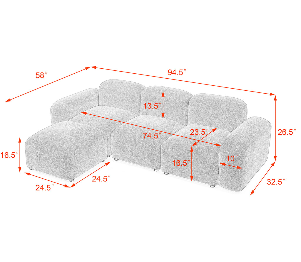 L-Shape Modular Sectional Sofa with 2 Pillows Teddy Fabric Orange Y32455