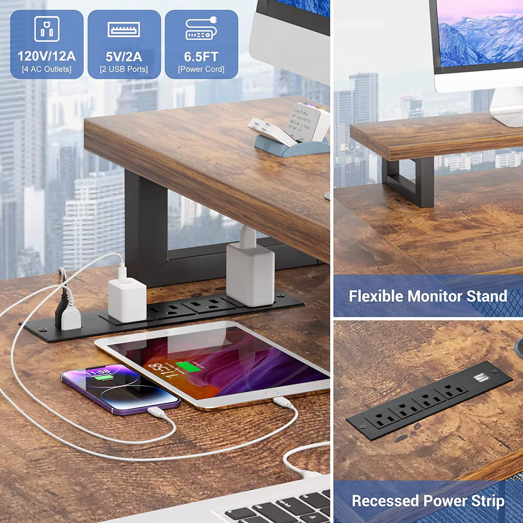 U Shaped Computer Desk with Power Outlet and LED Strip V13729