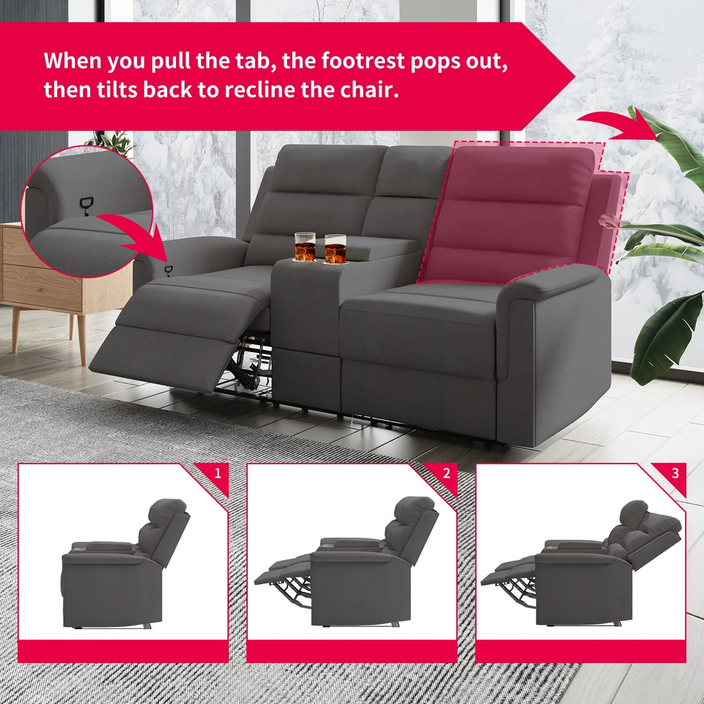 Dark Grey Reclining Loveseat with Cup Holders and Storage H703