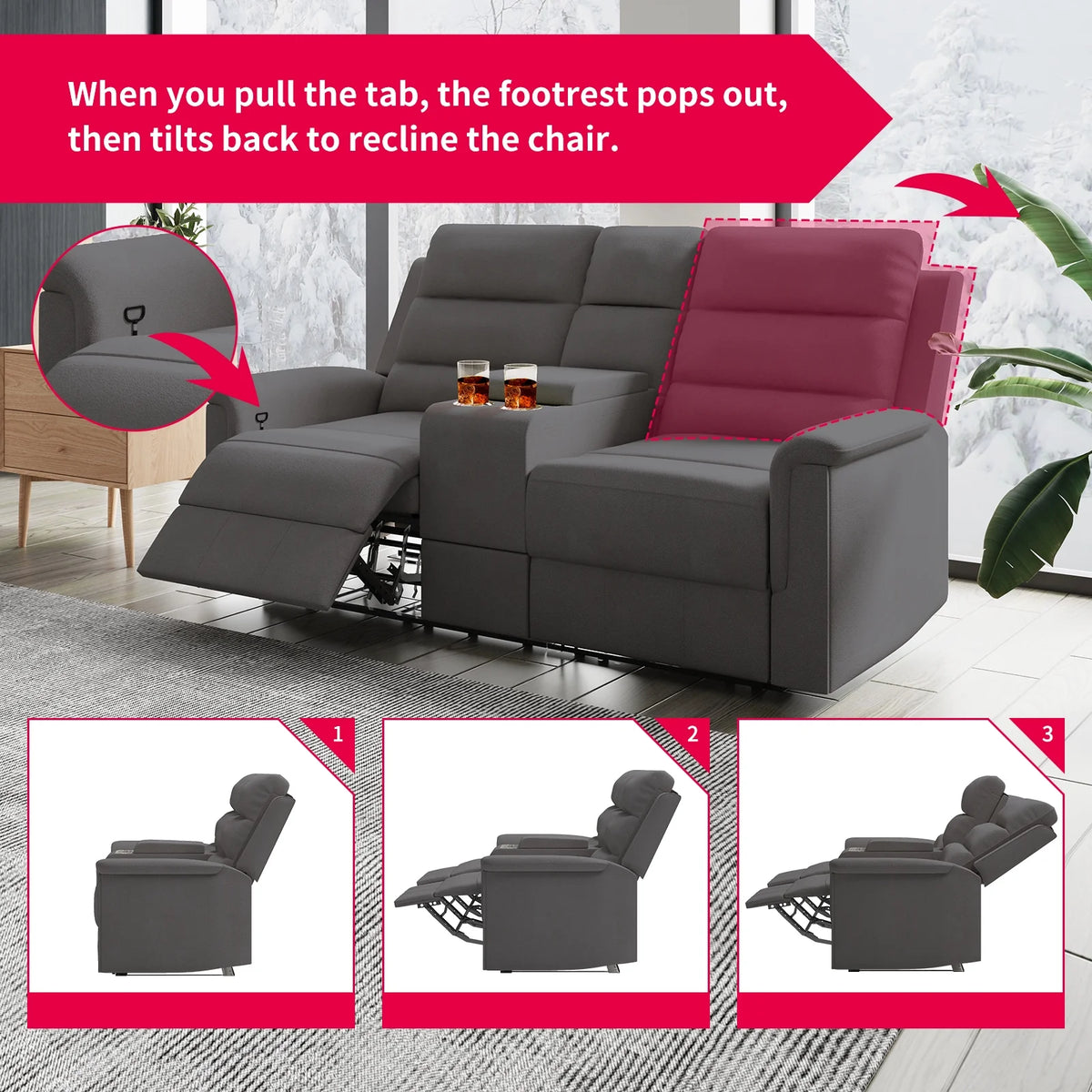 Dark Grey Reclining Loveseat with Cup Holders and Storage H703