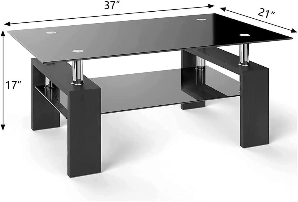 Black Rectangle Glass Coffee Table with Shelf and Wooden Legs G9087