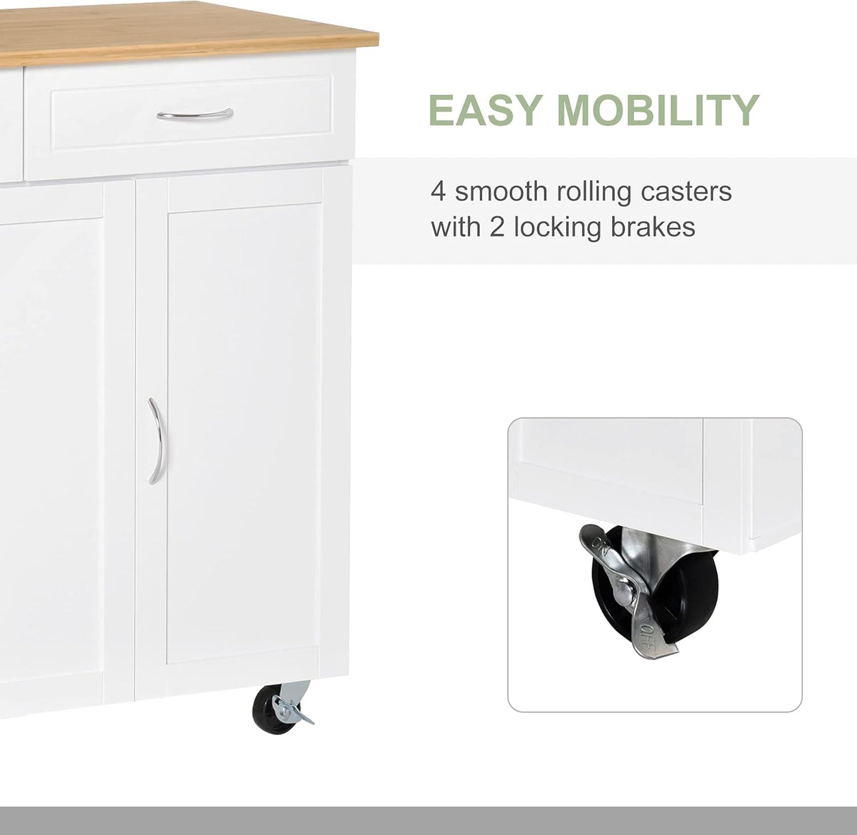 Rolling Kitchen Island Cart with Bamboo Countertop and 2 Cabinets, White A119