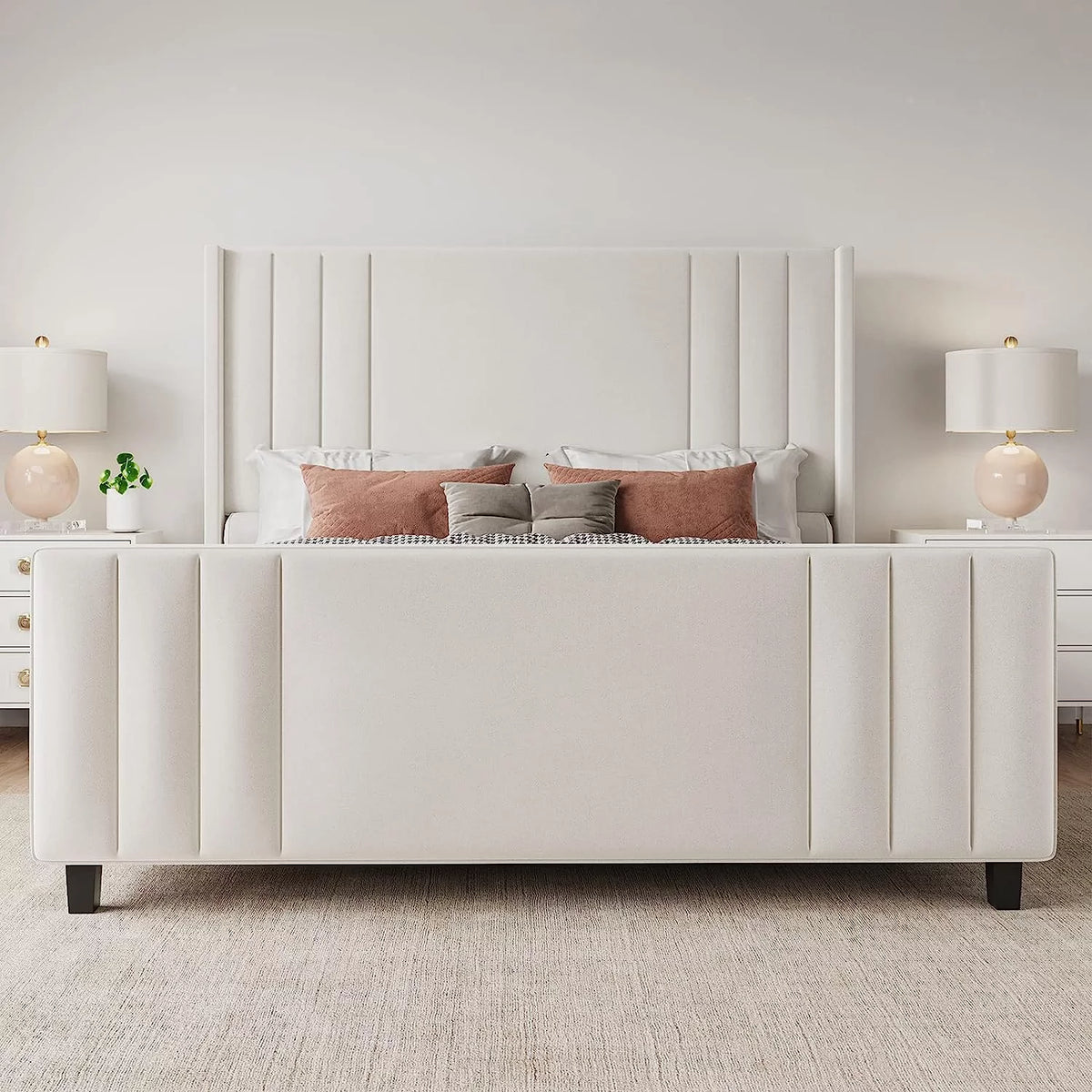 Queen Platform Bed Frame with Vertical Channel, Cream T54176