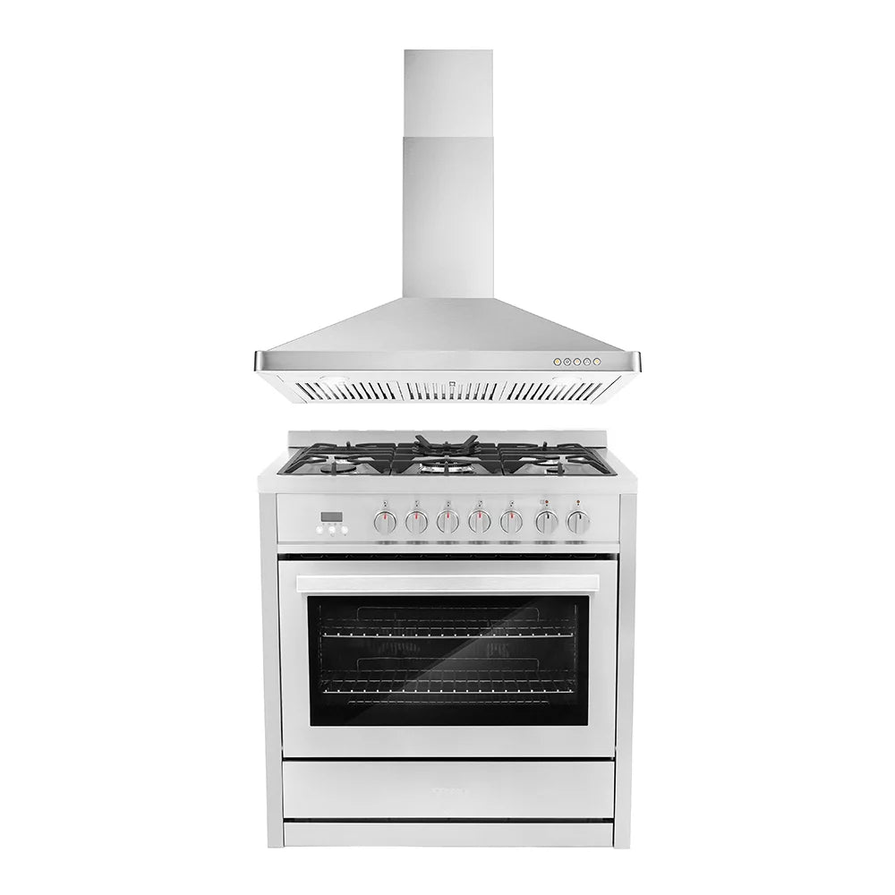 2 Piece Dual Fuel Range and Wall Mount Range Hood Kitchen Appliance Package O7521