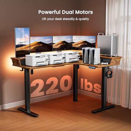 Electric L Shaped Standing Desk, 65'' Height Adjustable Corner Desk with Storage Drawers, Black X31768