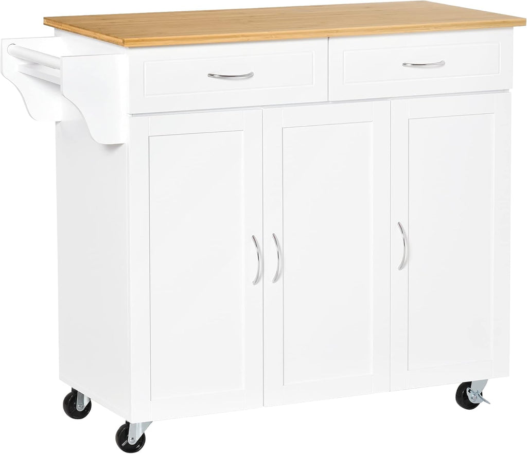 Rolling Kitchen Island Cart with Bamboo Countertop and 2 Cabinets, White A119