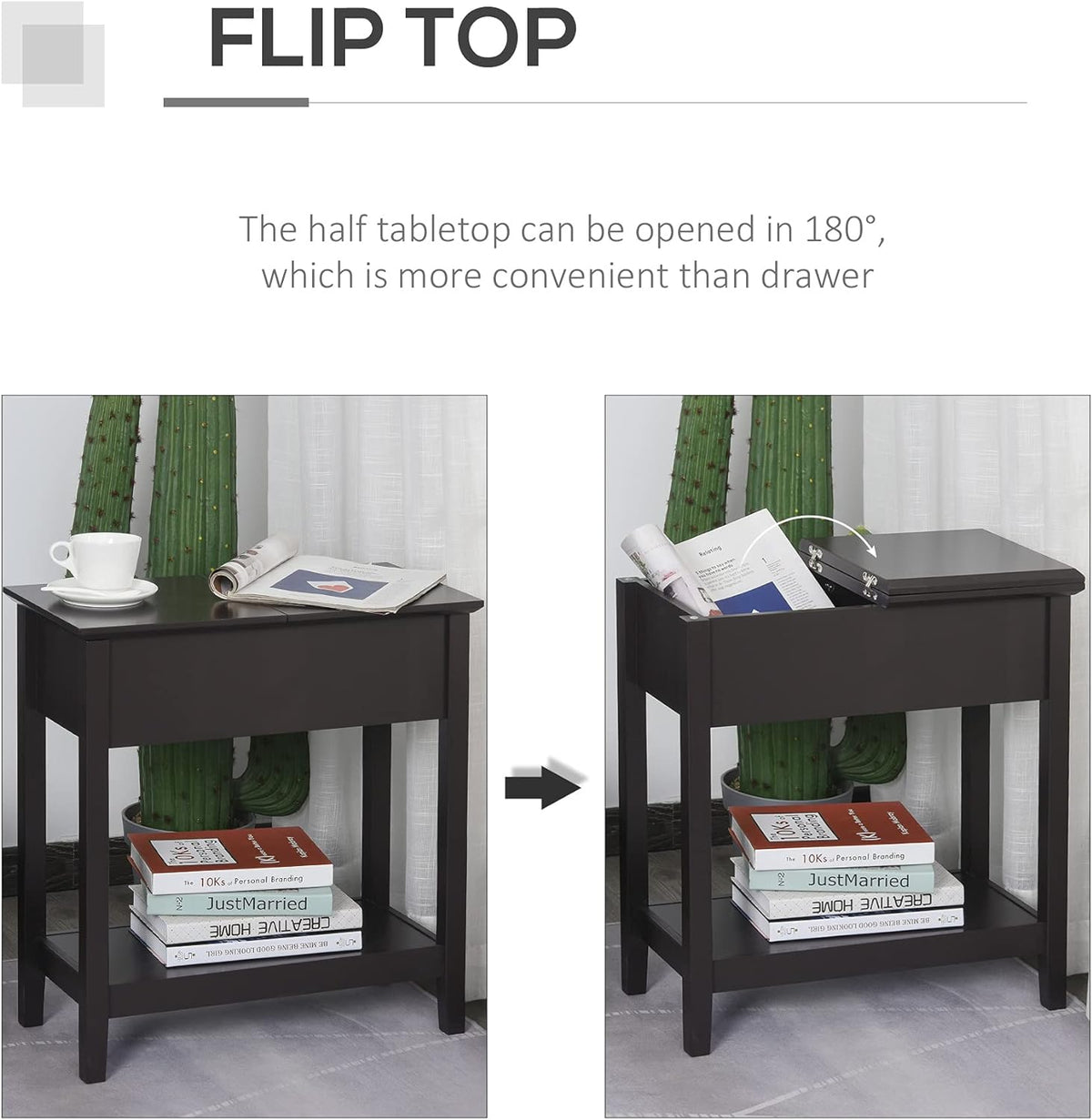Flip Top Side Table with Storage Cabinet and Bottom Shelf A747