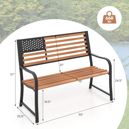50” 2-Person Metal Patio Bench with Flag Pattern Backrest E406