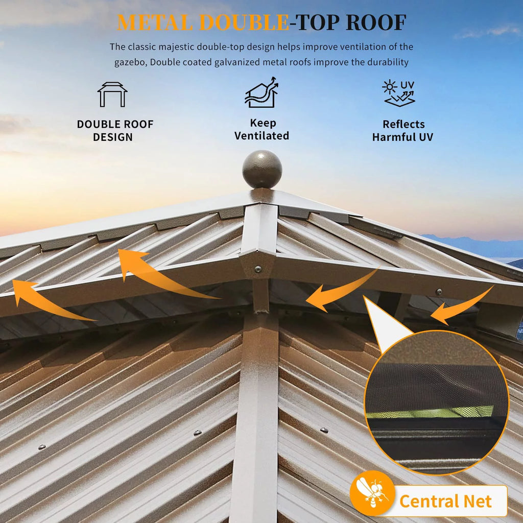 12 ft x 16 ft Brown Steel Hardtop Gazebo X8406