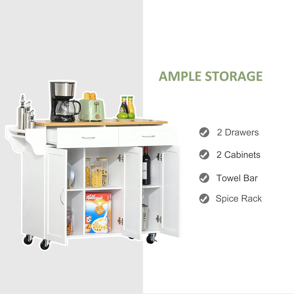 Rolling Kitchen Island Cart with Bamboo Countertop and 2 Cabinets, White A119