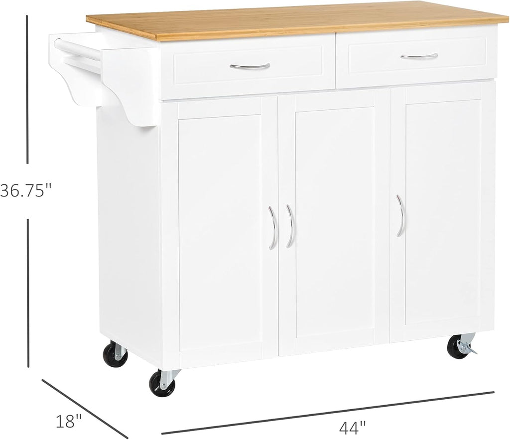 Rolling Kitchen Island Cart with Bamboo Countertop and 2 Cabinets, White A119
