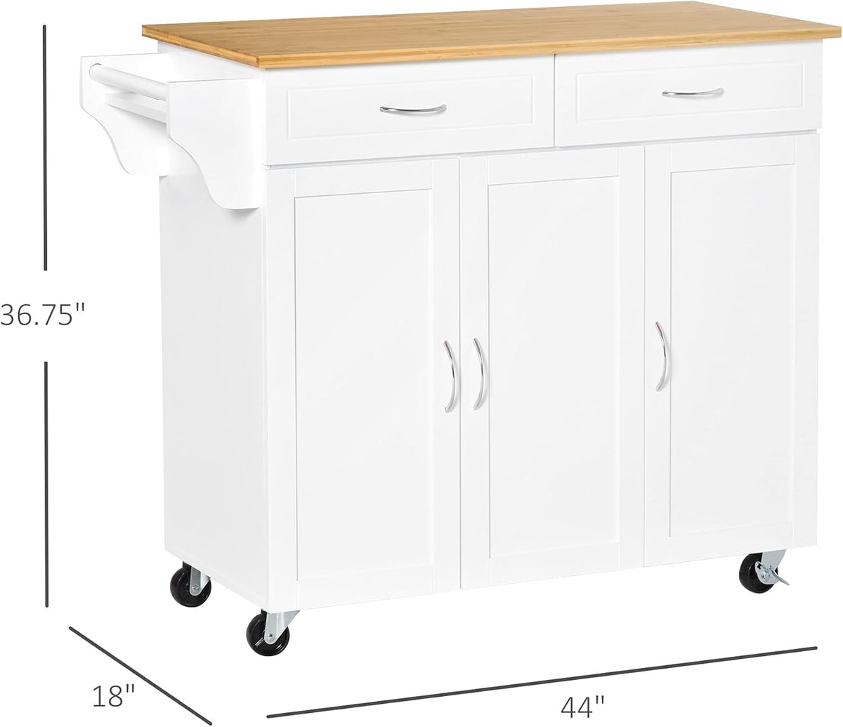 Rolling Kitchen Island Cart with Bamboo Countertop and 2 Cabinets, White A119