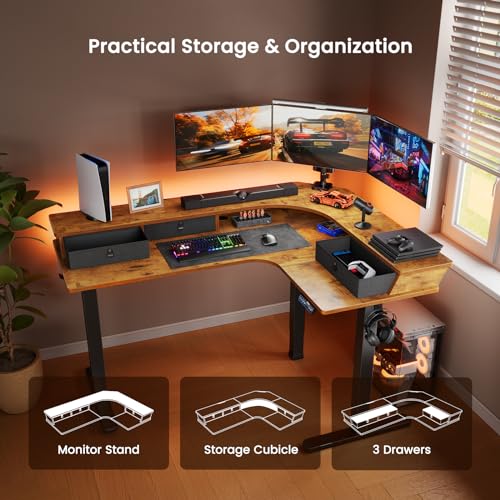 Electric L Shaped Standing Desk, 65'' Height Adjustable Corner Desk with Storage Drawers, Black X31768