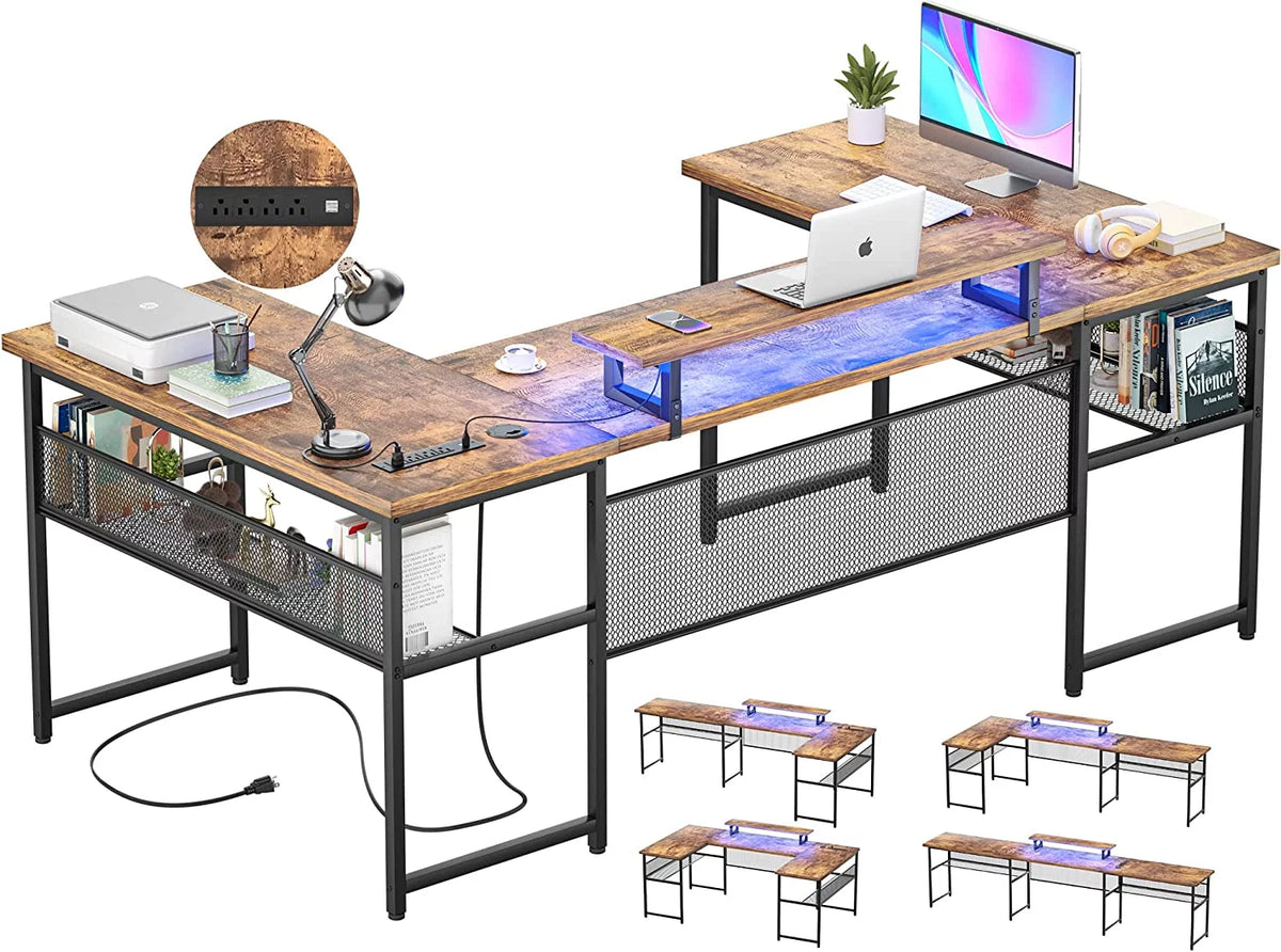 U Shaped Computer Desk with Power Outlet and LED Strip V13729