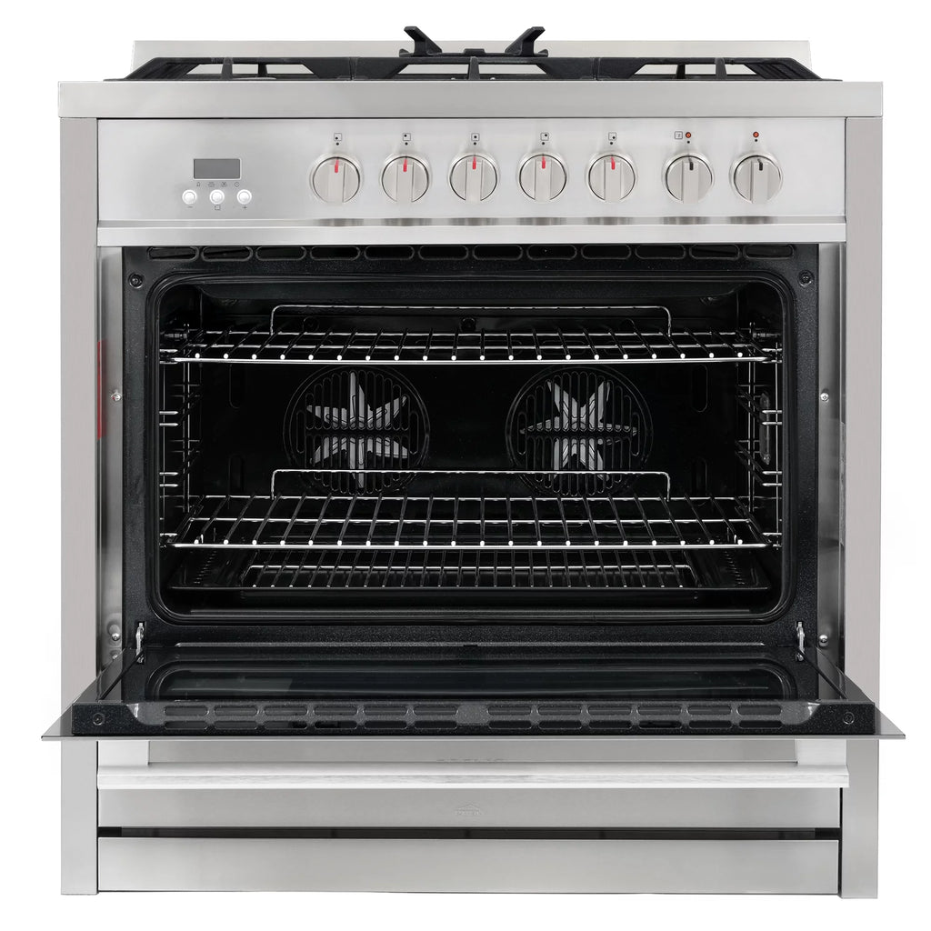 2 Piece Dual Fuel Range and Wall Mount Range Hood Kitchen Appliance Package O7521