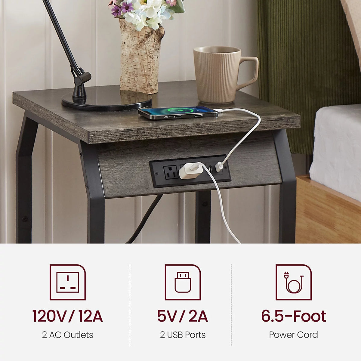 Set of 2 Gray Bedside Tables with Charging Station and Open Shelf Z8811