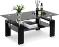 Black Rectangle Glass Coffee Table with Shelf and Wooden Legs G9087