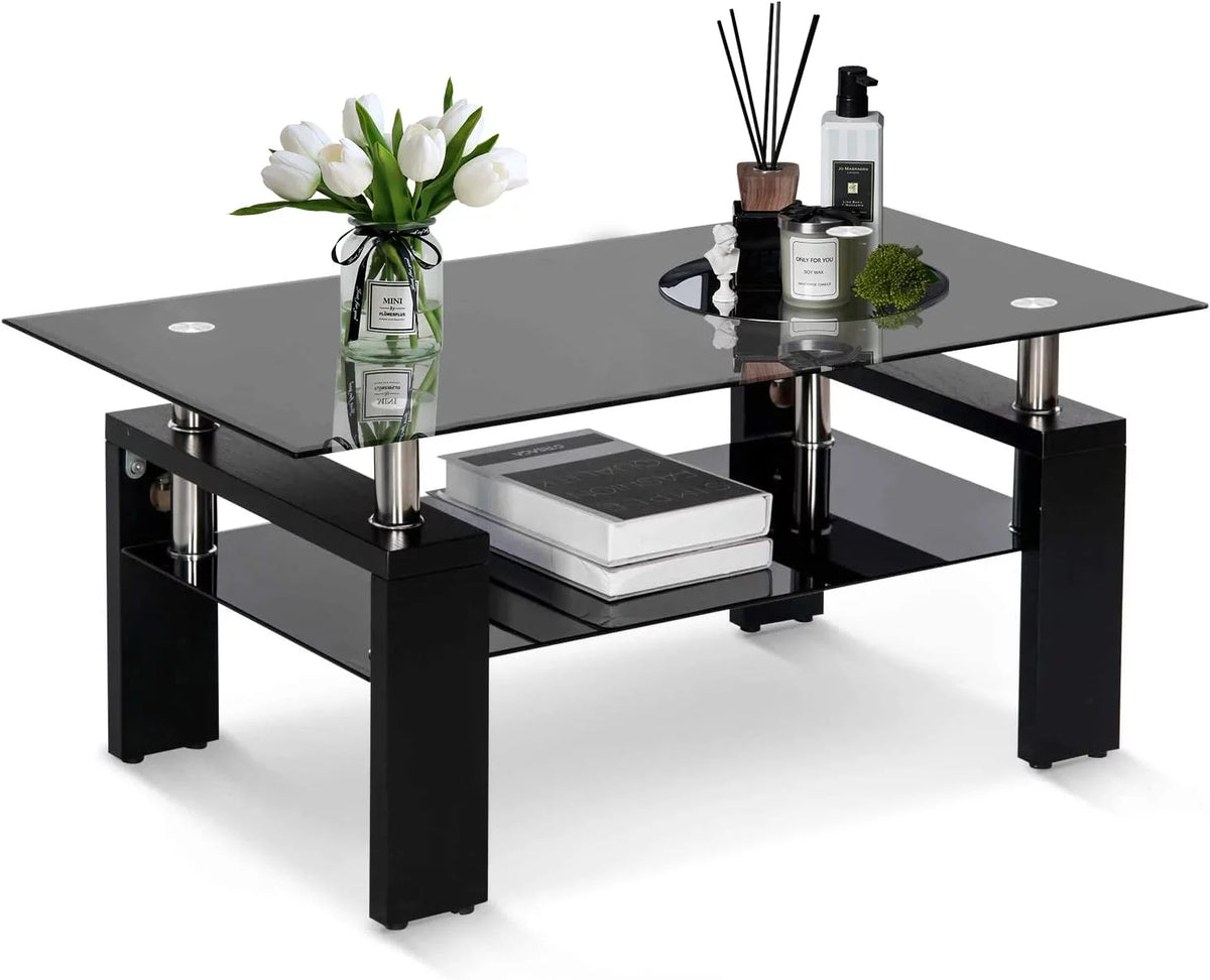 Black Rectangle Glass Coffee Table with Shelf and Wooden Legs G9087