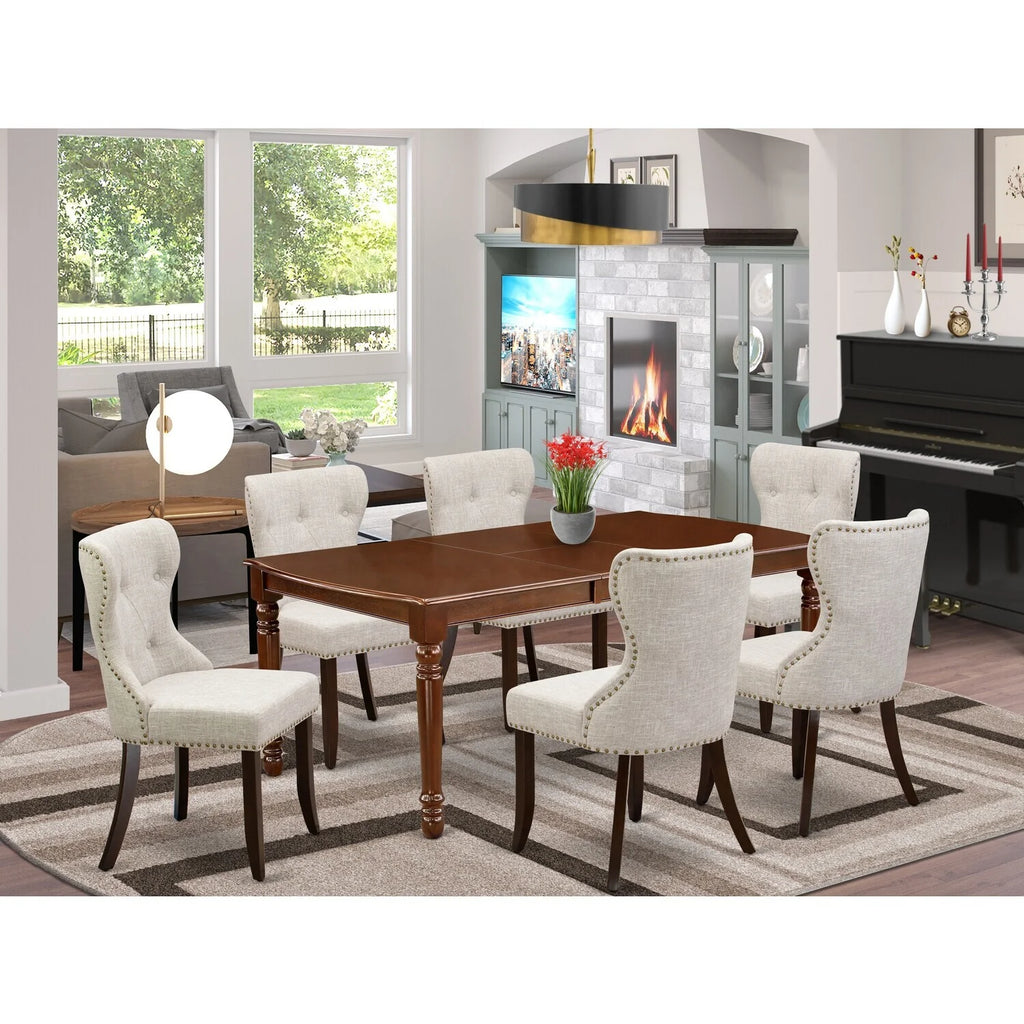 Wooden Dining Table Set of 6 Linen Fabric Chairs Mahogany K9264