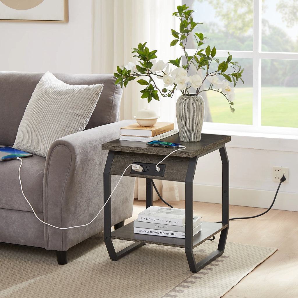 Set of 2 Gray Bedside Tables with Charging Station and Open Shelf Z8811