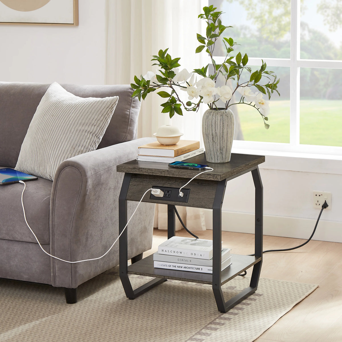 Set of 2 Gray Bedside Tables with Charging Station and Open Shelf Z8811