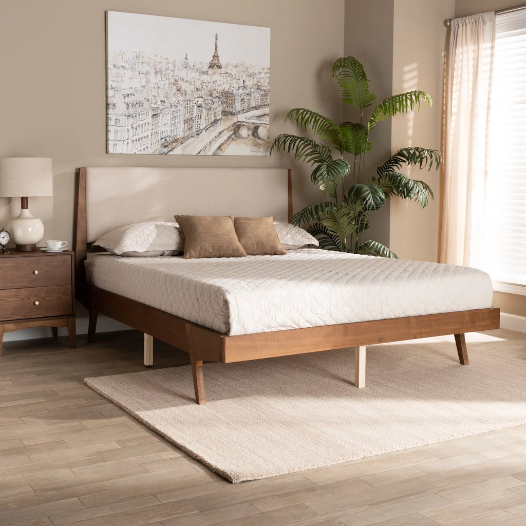 Beige Fabric Upholstered Walnut Brown Wood Queen Size Platform Bed E8405