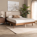 Beige Fabric Upholstered Walnut Brown Wood Queen Size Platform Bed E8405