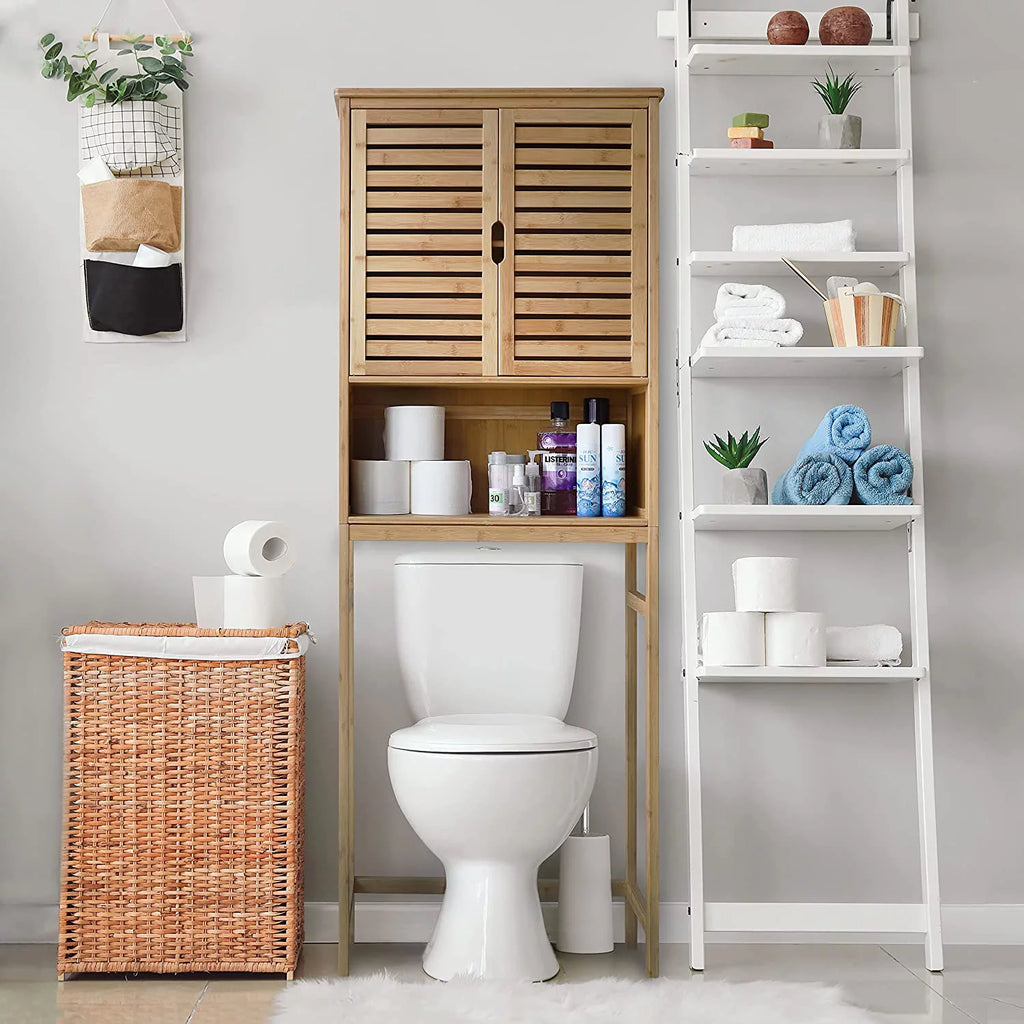 Bamboo Over-The-Toilet Storage Cabinet with Shelf and Cupboard A8190