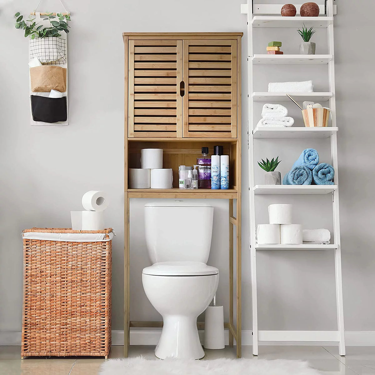 Bamboo Over-The-Toilet Storage Cabinet with Shelf and Cupboard A8190
