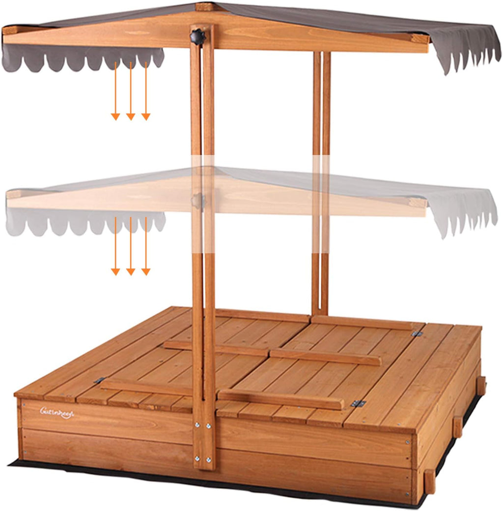 Large Wooden Sandbox with Canopy and 2 Foldable Bench Seats A122