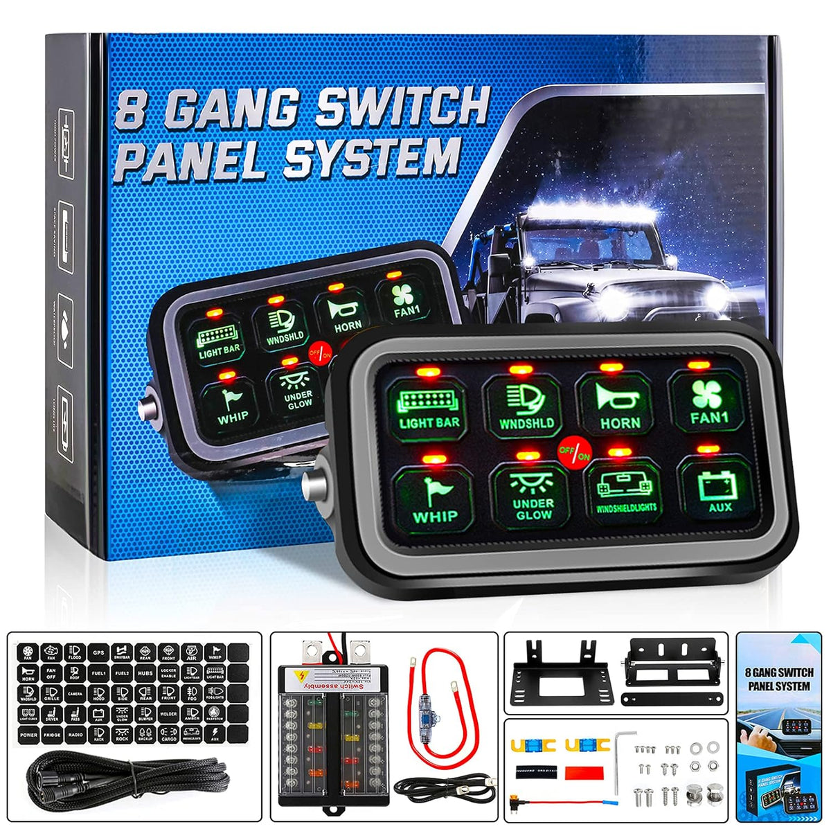8 Gang Switch Panel 12V~24V Waterproof Automatic Dimmable Blue Light I89082