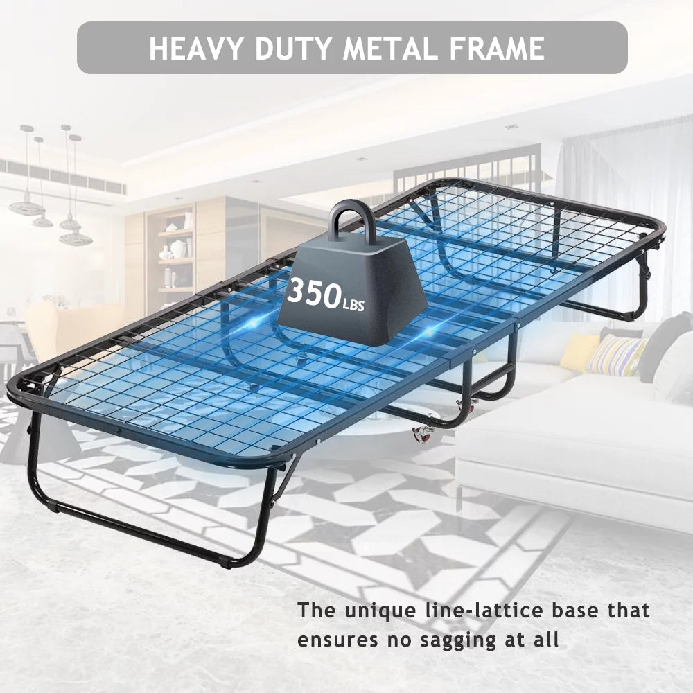 Folding Bed Frame with Wheel, Rollaway Bed with Mattress, Foldable Twin Bed with Memory Foam Mattress N472