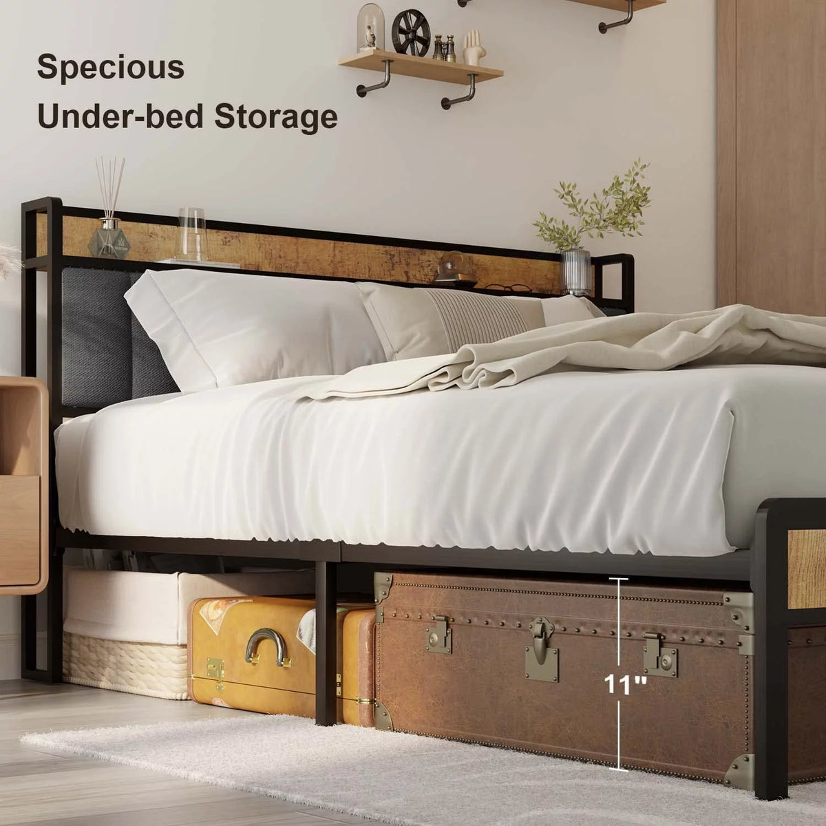 King Size Metal Bed Frame with Storage Headboard T5287