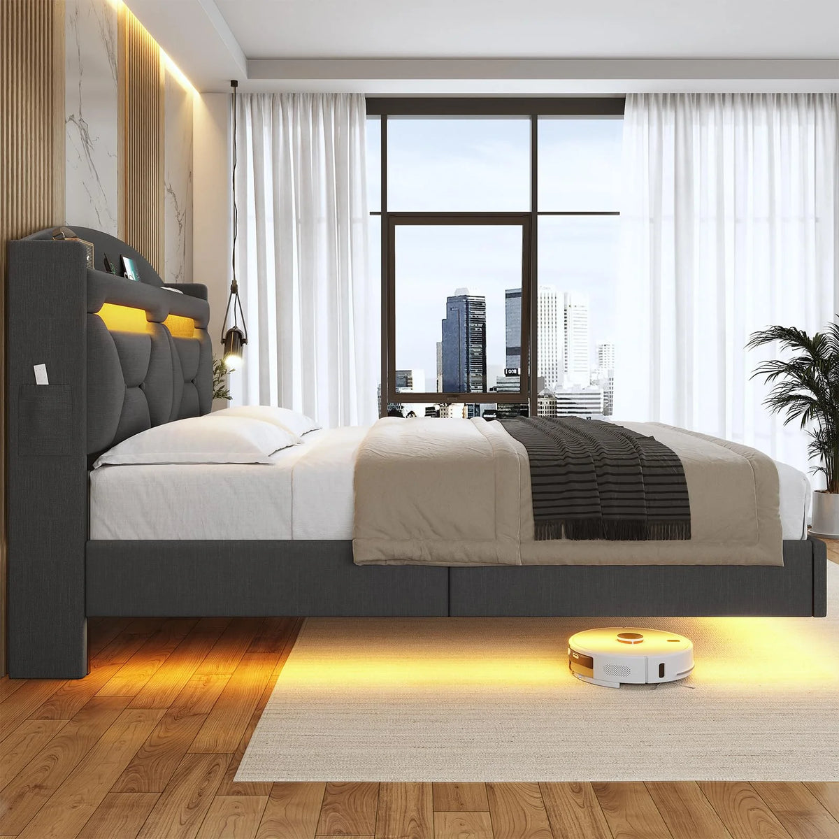 Floating Full Size Upholstered Platform Bed with Storage Headboard X741443
