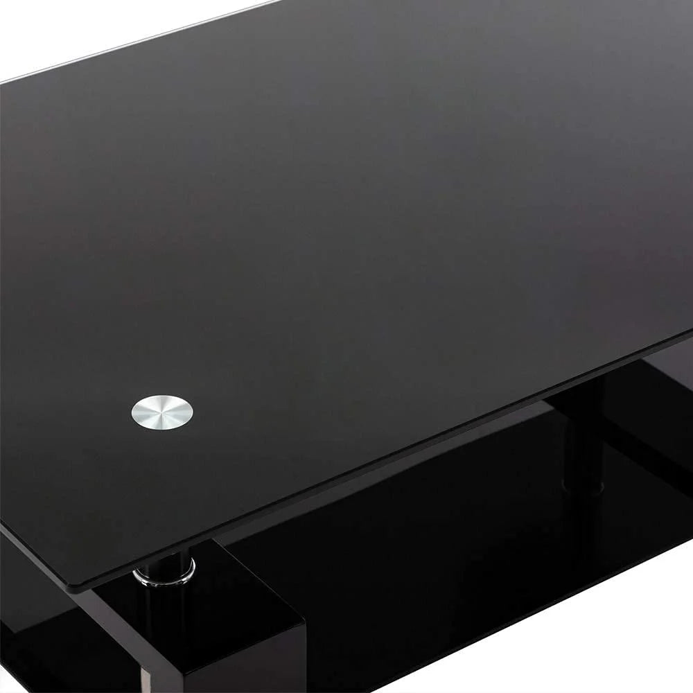 Black Rectangle Glass Coffee Table with Shelf and Wooden Legs G9087