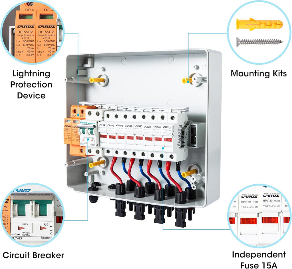 4 String PV Combiner Box with 15A Fuse, 63A Circuit Breaker, Surge Protector and MC4 Connectors G7837