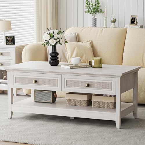 Farmhouse Coffee Table with 2 Rattan Drawers and Storage Shelf I484748