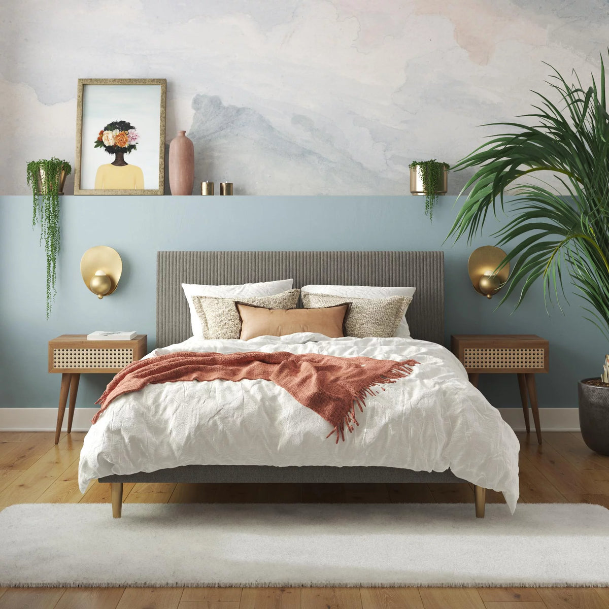 Ivory Velvet Queen Upholstered Bed with Headboard R361