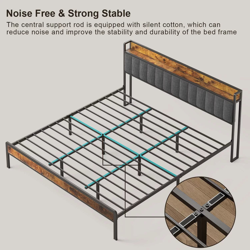 King Size Metal Bed Frame with Storage Headboard T5287