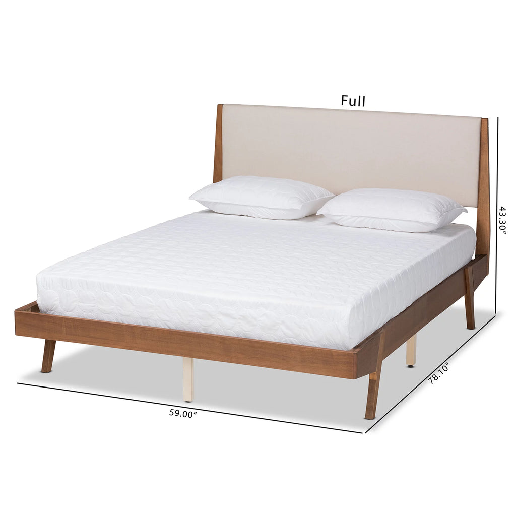 Beige Fabric Upholstered Walnut Brown Wood Queen Size Platform Bed E8405