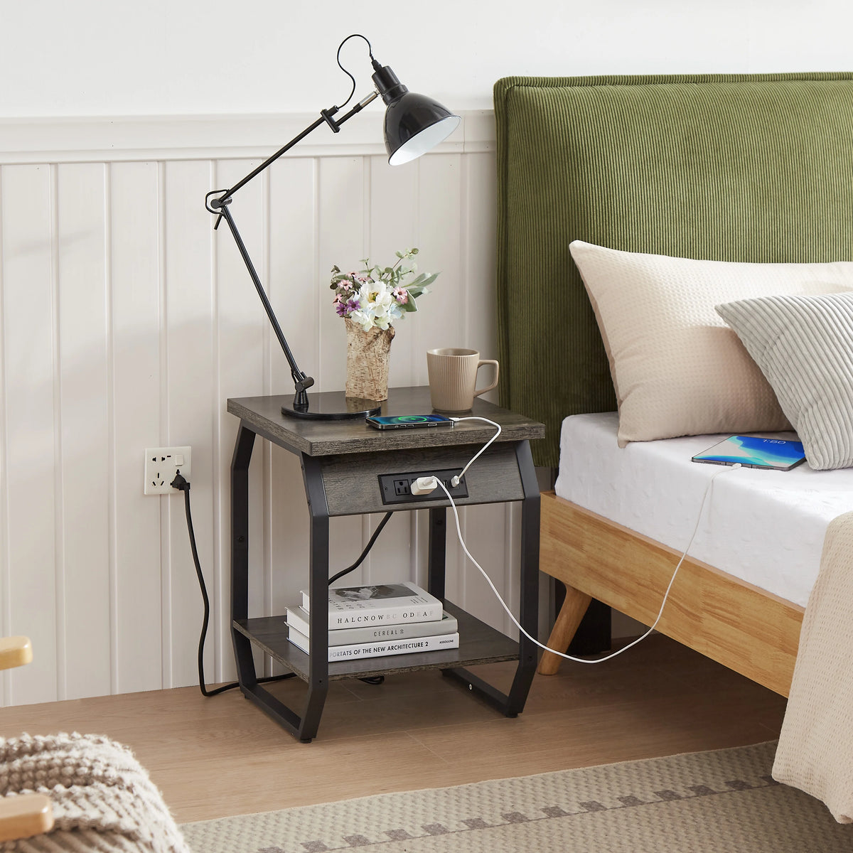 Set of 2 Gray Bedside Tables with Charging Station and Open Shelf Z8811