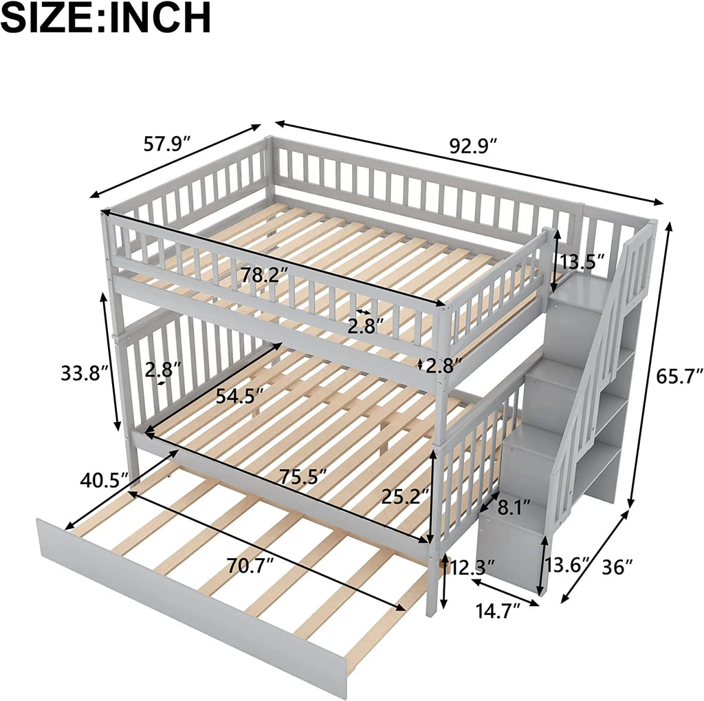 Solid Wood Full Over Full Bunk Bed with Trundle and Staircase, Grey V9694