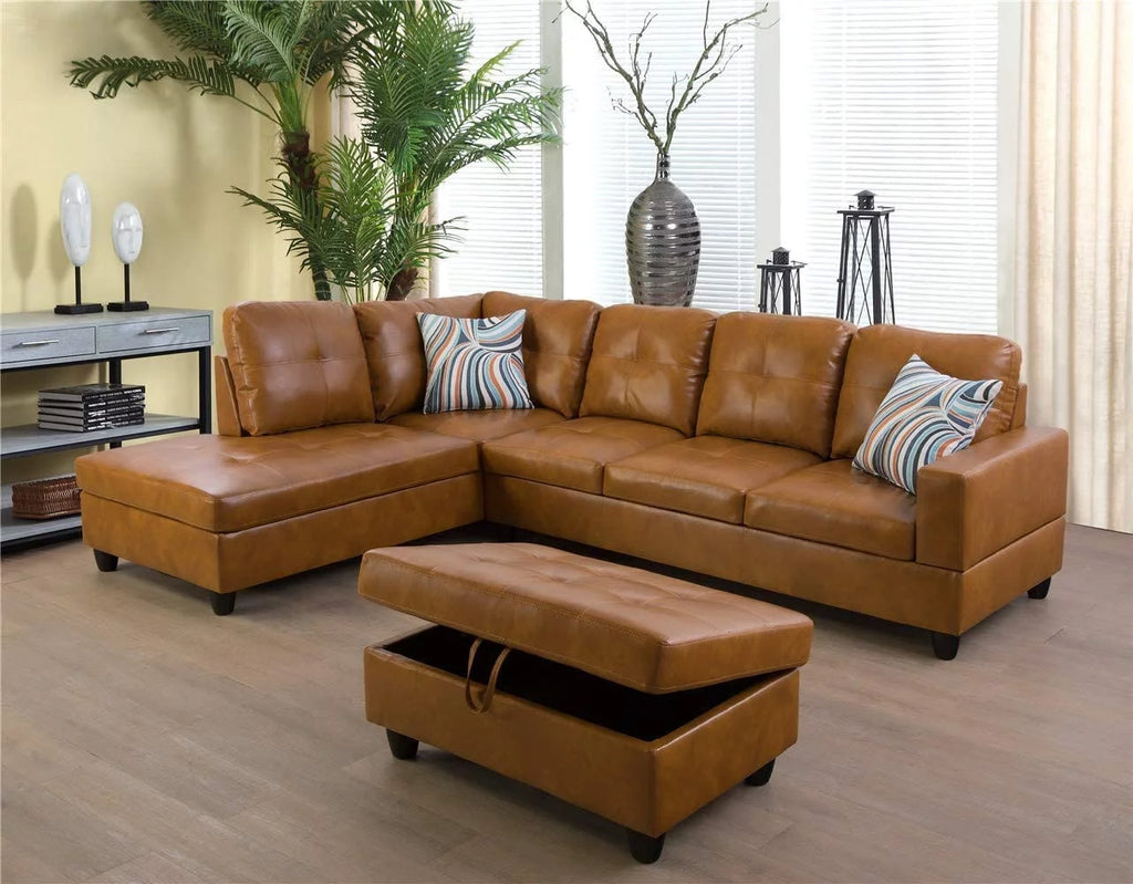 Caramel Leather Sectional Sofa with Storage Ottoman E8674