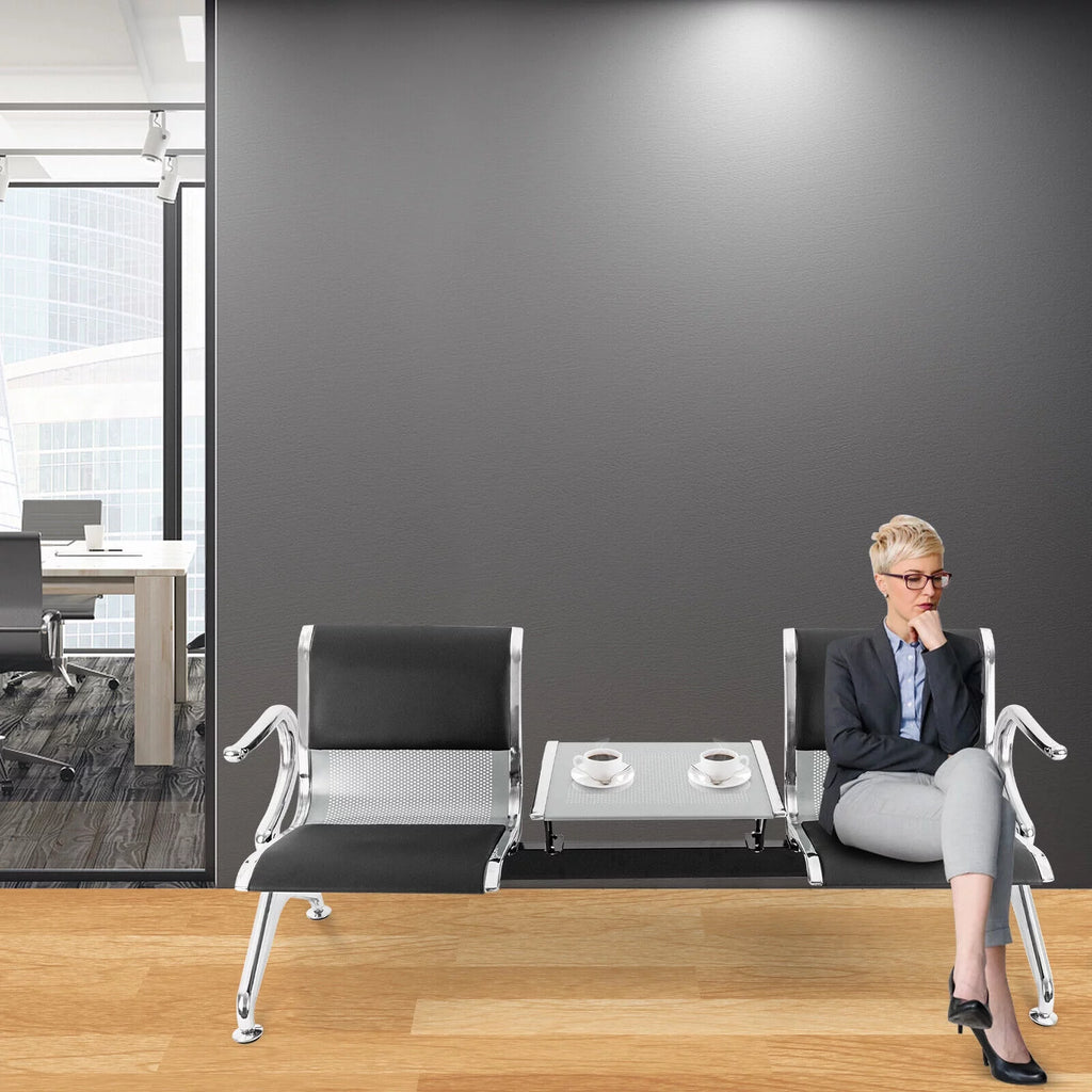 2 Seat PU Leather Reception Chairs with Table and Arms I41765