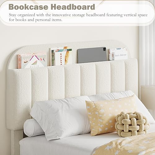 Beige Boucle Upholstered Twin Platform Bed with 2 Drawers U879511