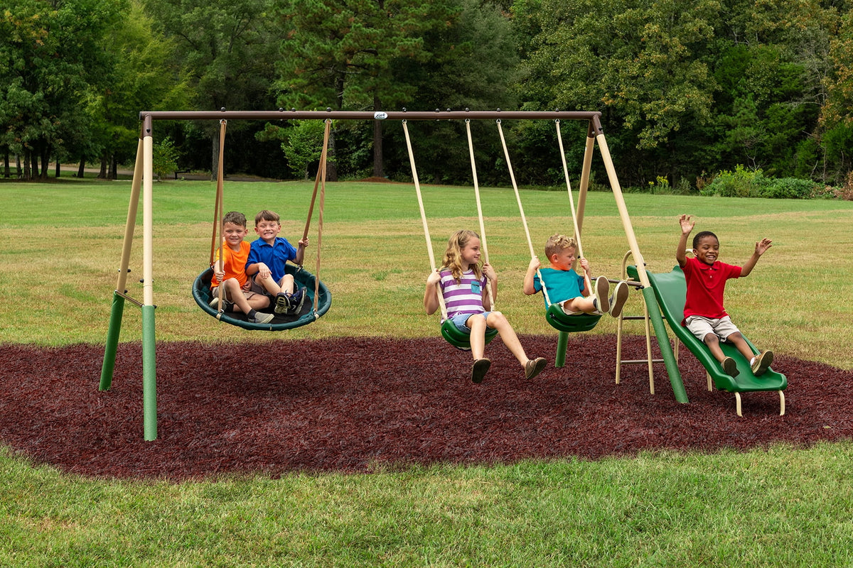Steel Swing Set with Disc Swing, Swing Seats, Wave Slide Q97550
