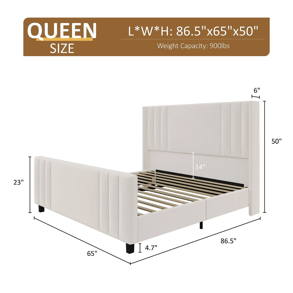 Queen Platform Bed Frame with Vertical Channel, Cream T54176