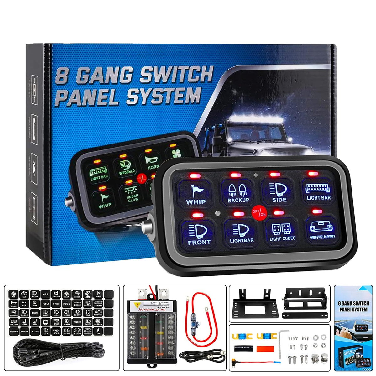 8 Gang Switch Panel 12V~24V Waterproof Automatic Dimmable Blue Light I89082
